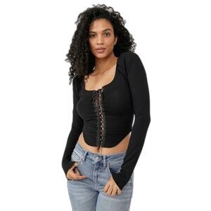 Free People Moonglow Willow Reversible Lace Up Puff-Shoulder Corset Top (XS)